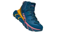 Hoka One One TenNine Hike GTX hiking boot in blue with pink and orange details and chunky, extended sole