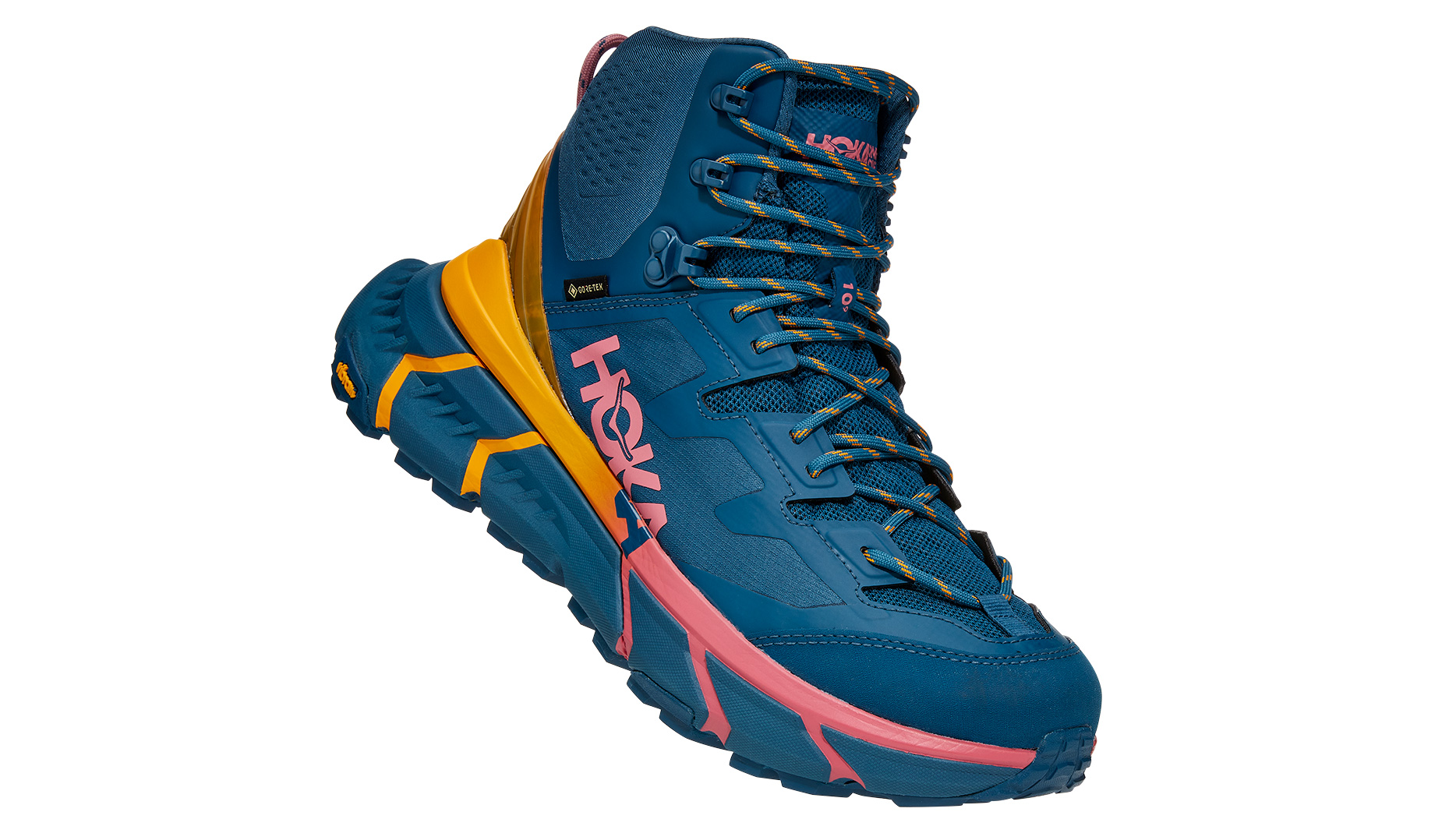 Hoka One One TenNine Hike GTX hiking boot in blue with pink and orange details and chunky, extended sole