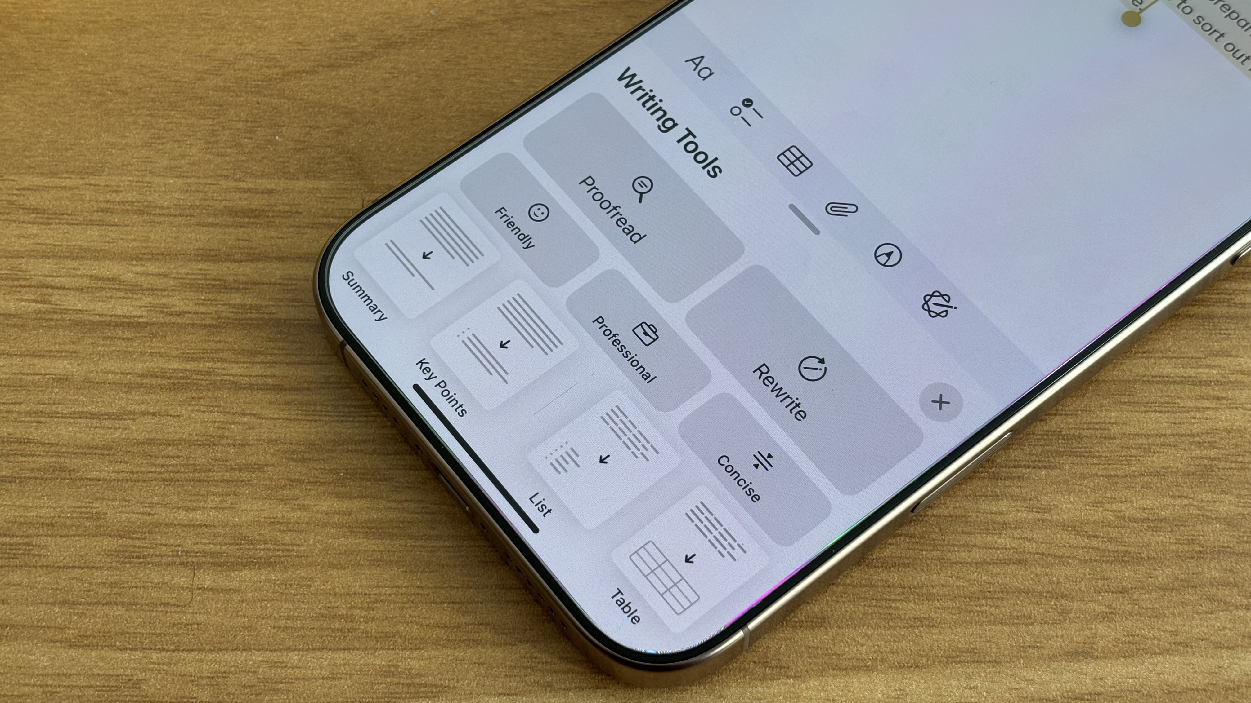 Apple Intelligence Writing Tools on an iPhone 16 Pro Max
