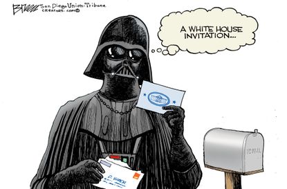 Political Cartoon U.S. President Trump White House invites Darth Vader