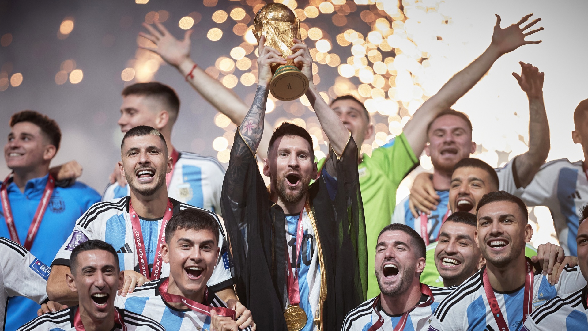 Lionel Messi of Argentina lifts the World Cup trophy at Qatar 2022