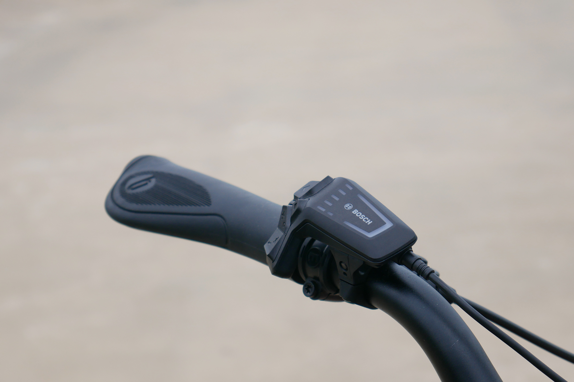 The Bosch ebike remote on the Benno RemiDemi XL against the backdrop of a concrete skatepark