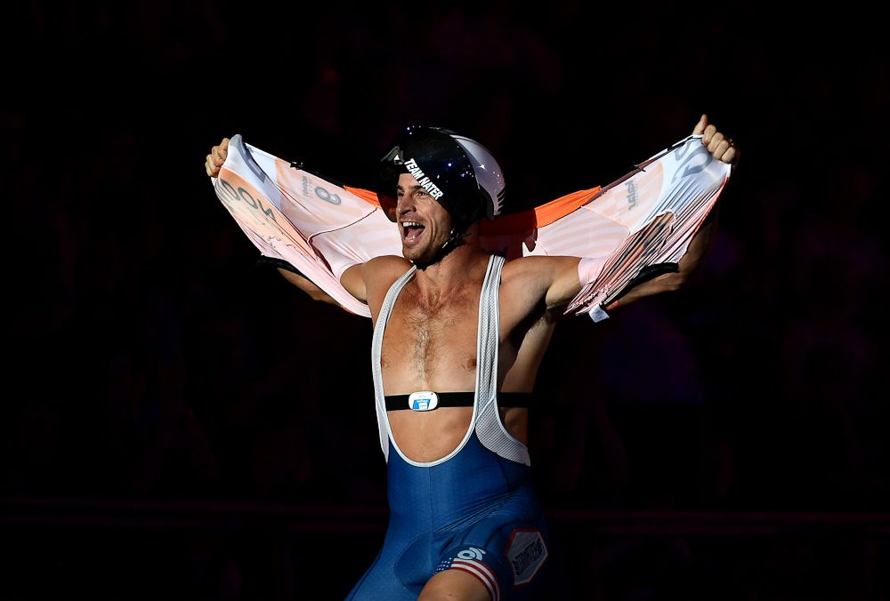 Nate Koch of the United States celebrates victory in the Mens Keirin Final on day three of the London Six Day