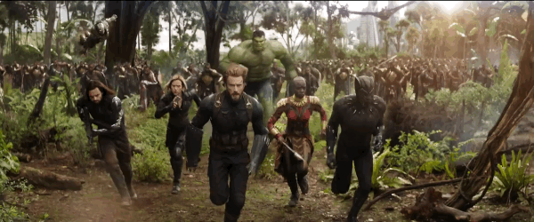 Avengers: Infinity War Sebastian Stan Scarlet Johansson Chris Evans Danai Guiria charging into battl
