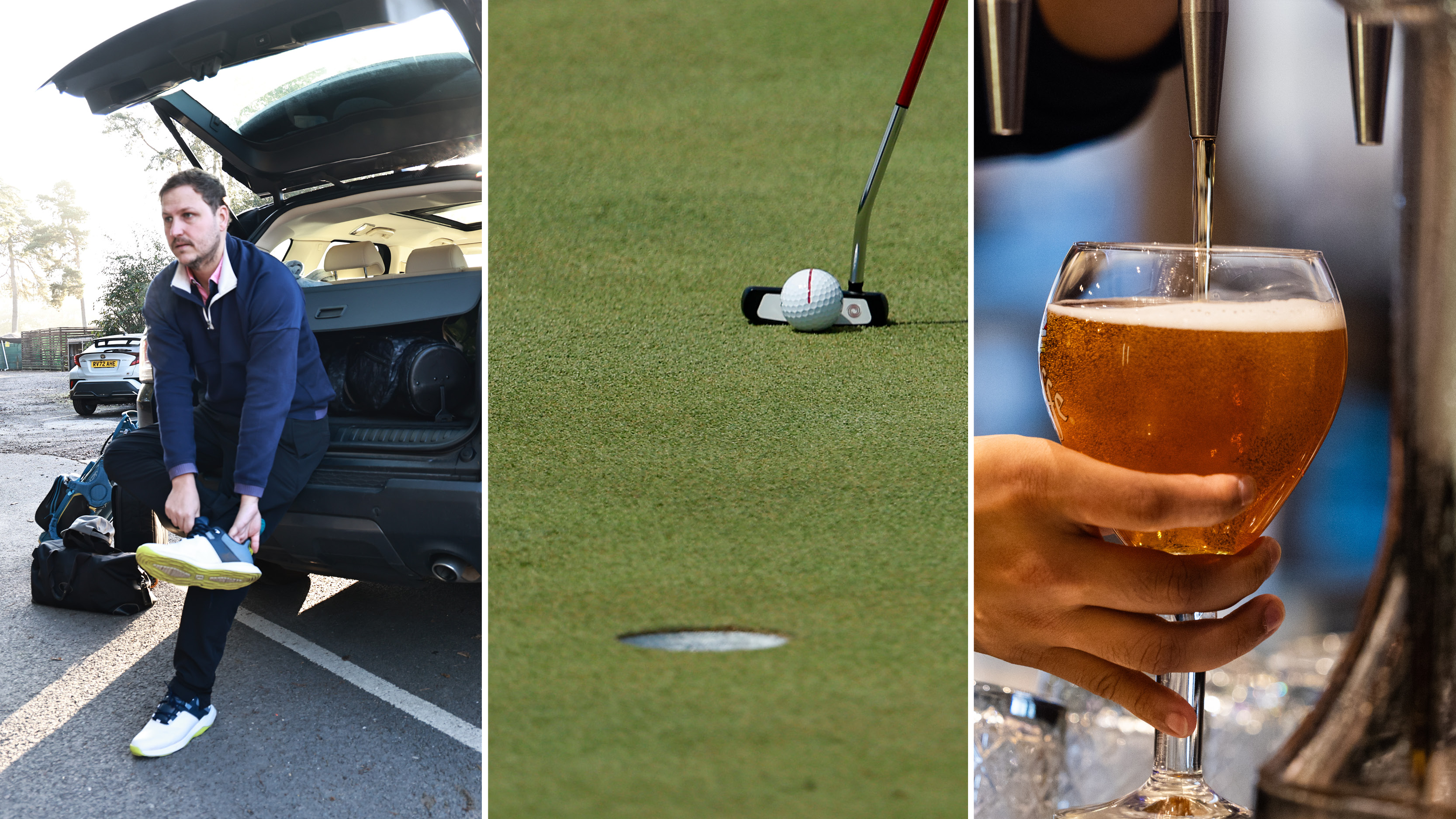 A golfer changing their shoes in the car park, a close up of a putter addressing a ball near a hole and beer being poured into a glass