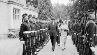 Queen Elizabeth attending the Guard of Honour inspection from the Royal Highland Fusiliers
