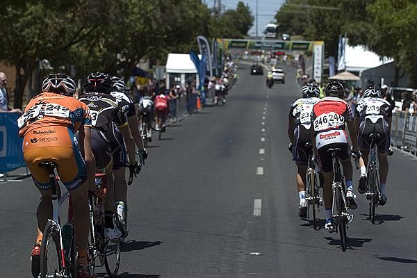 The business end of the race as riders sneak off the front of the lead group with one lap to go.