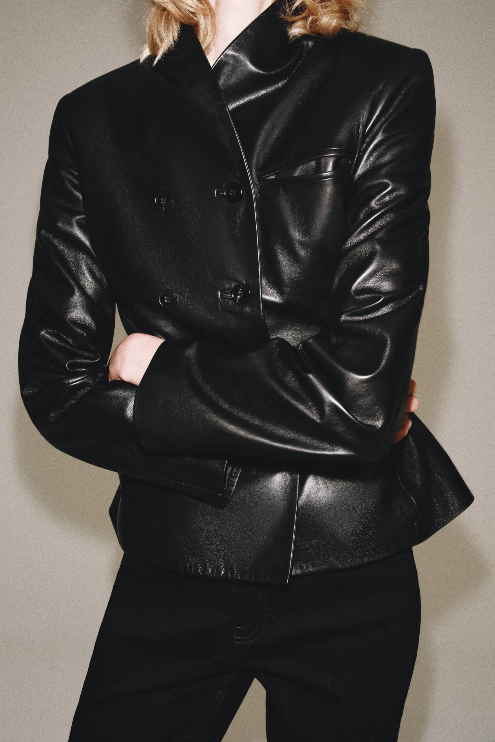 ZARA, Zw Collection 100% Leather Double-Breasted Blazer