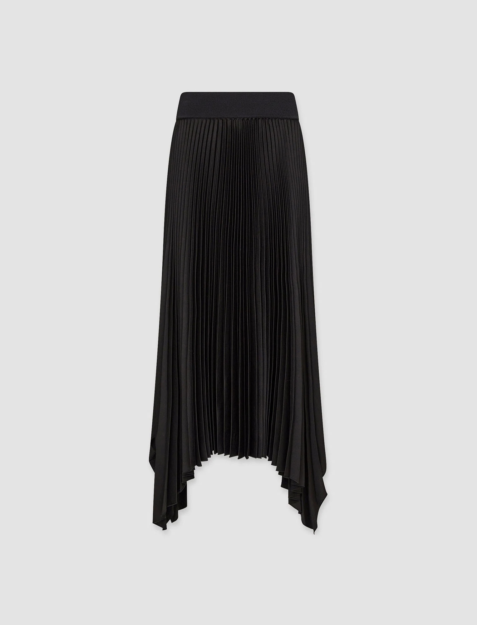 a black pleated asymmetric hem skirt.