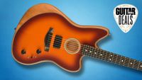 A Fender American Acoustasonic Jazzmaster at a jaunty angle on a blue background