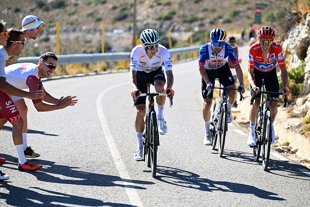 Oscar Onley of Great Britain and Netcompany INEOS Cycling Team - White Best Young Rider Jersey, Primoz Roglic of Slovenia and Team Red Bull - BORA - hansgrohe and Enric Mas of Spain and Movistar Team - Red Leader Jersey attack during the La Vuelta - 81st Tour of Spain 2026, Stage 9 a 187.4km stage from Villajoyosa to Alto de Aitana 1544m / #UCIWT / on August 30, 2026 in Alto de Aitana, Spain. (Photo by Tim de Waele/Getty Images)