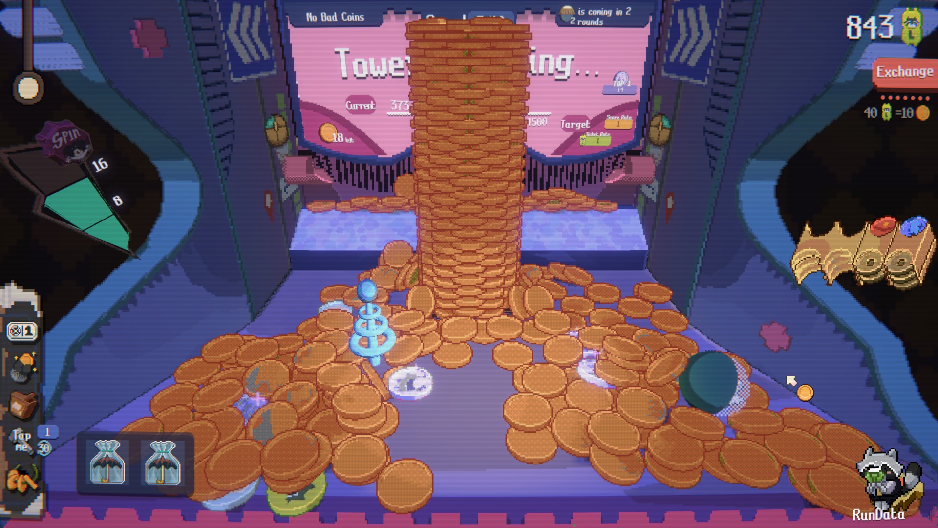 Several screenshots displaying Raccoin: Coin Pusher Roguelike.