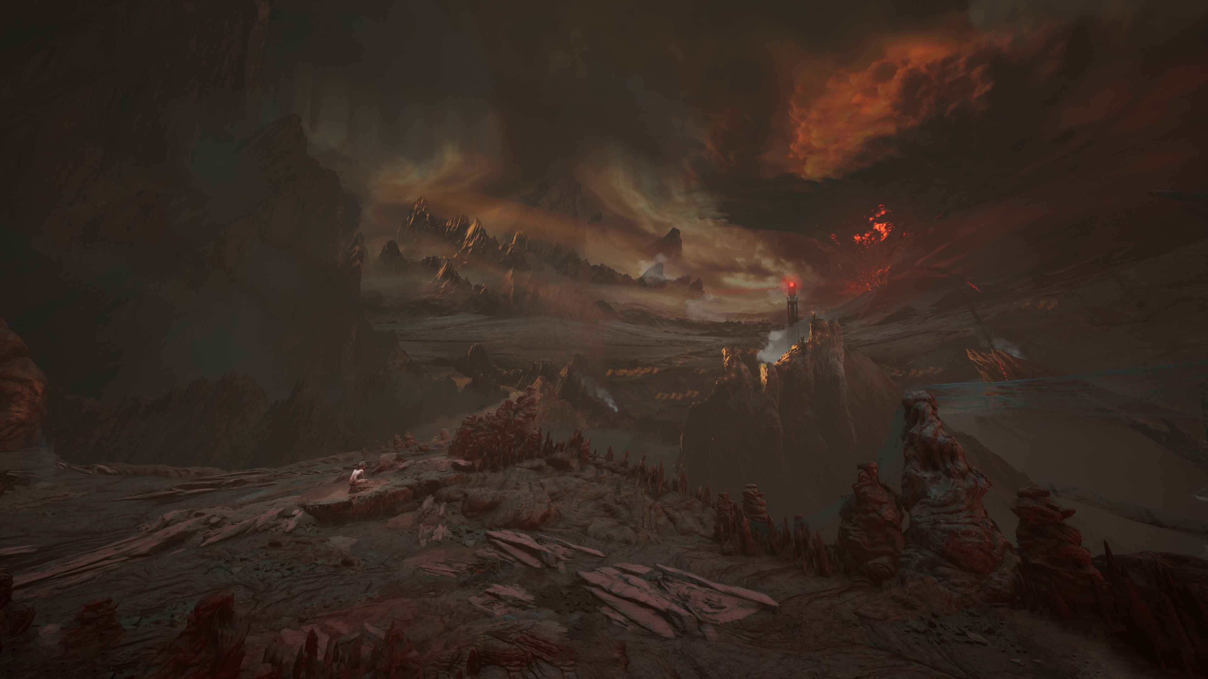 striking, painterly vista of volcanic mordor hellscape, gollum in foreground crouching, looking towards baradur tower and sauron