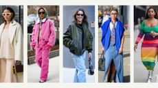 composite of five people wearing New York Fashion Week 2023 street style trends