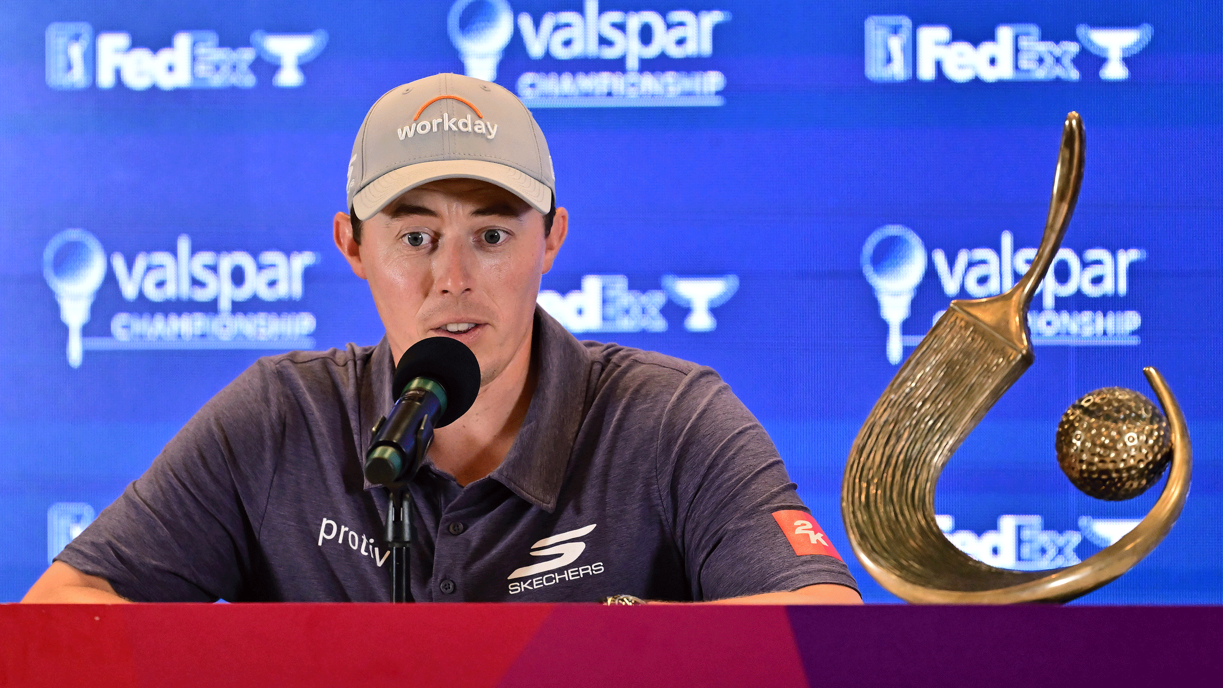 Matt Fitzpatrick talks during his Valspar Championship winner's press conference
