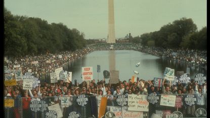 Crowd at pro-choice rally, regarding a possible Supreme Court reversal of Roe v. Wade decision in November 12, 1989