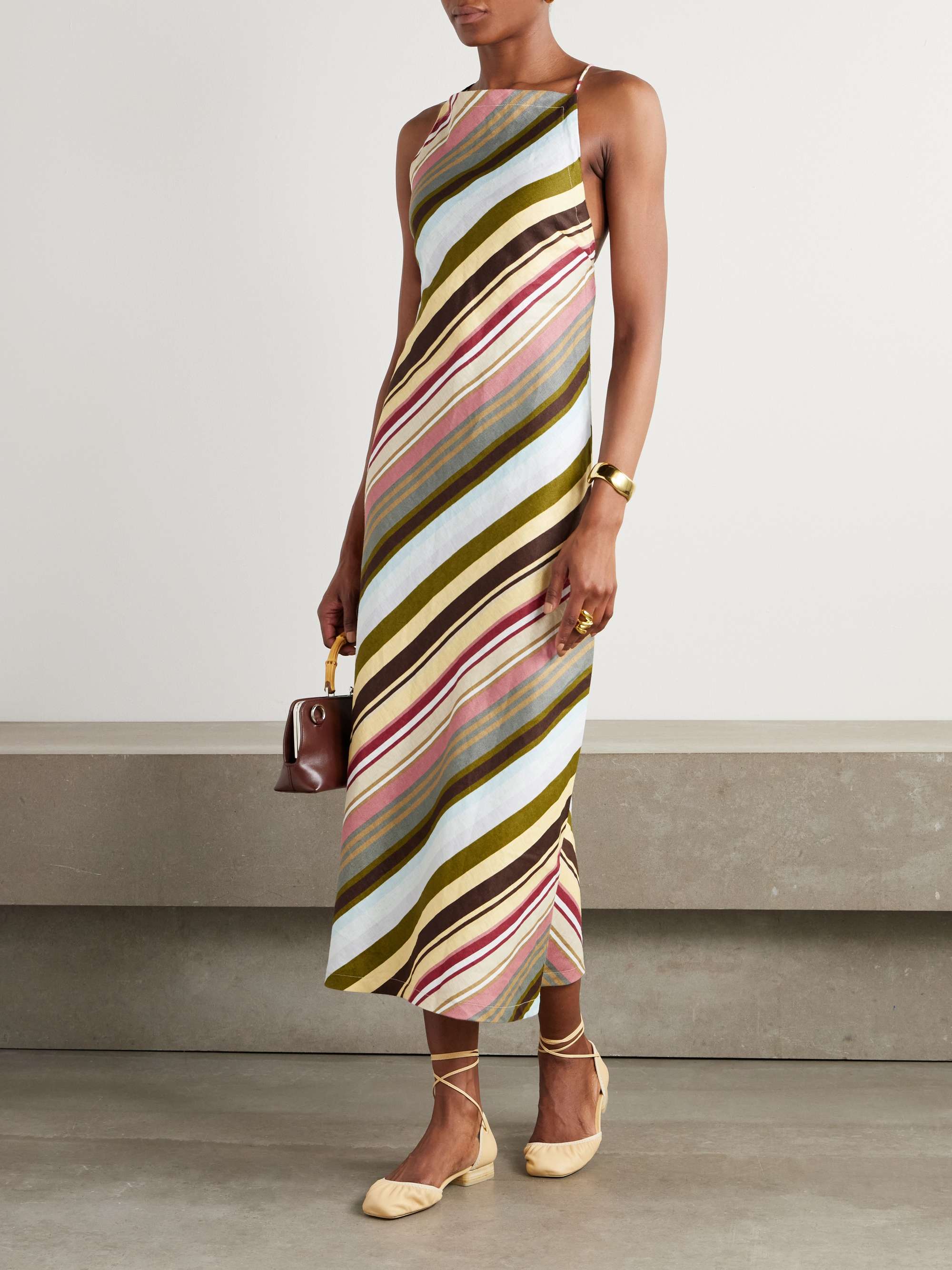 Antibes Open-Back Striped Linen Halterneck Midi Dress