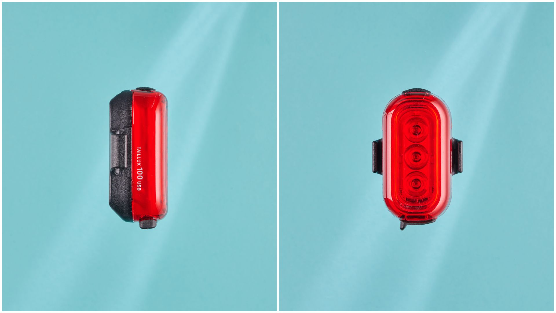 Side and front view of the Topeak Taillux 100 USB rear bike light on a blue background