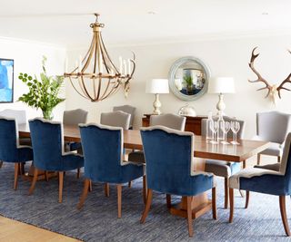 Wooden dining table, blue and white chairs, blue table