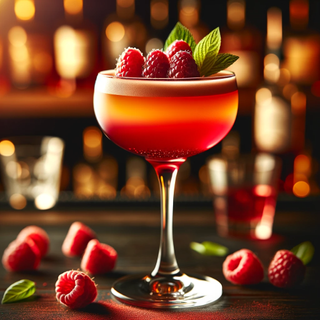 An elegant cocktail named 'Bittersweet Symphony' in a classic cocktail glass, garnished with raspberries.