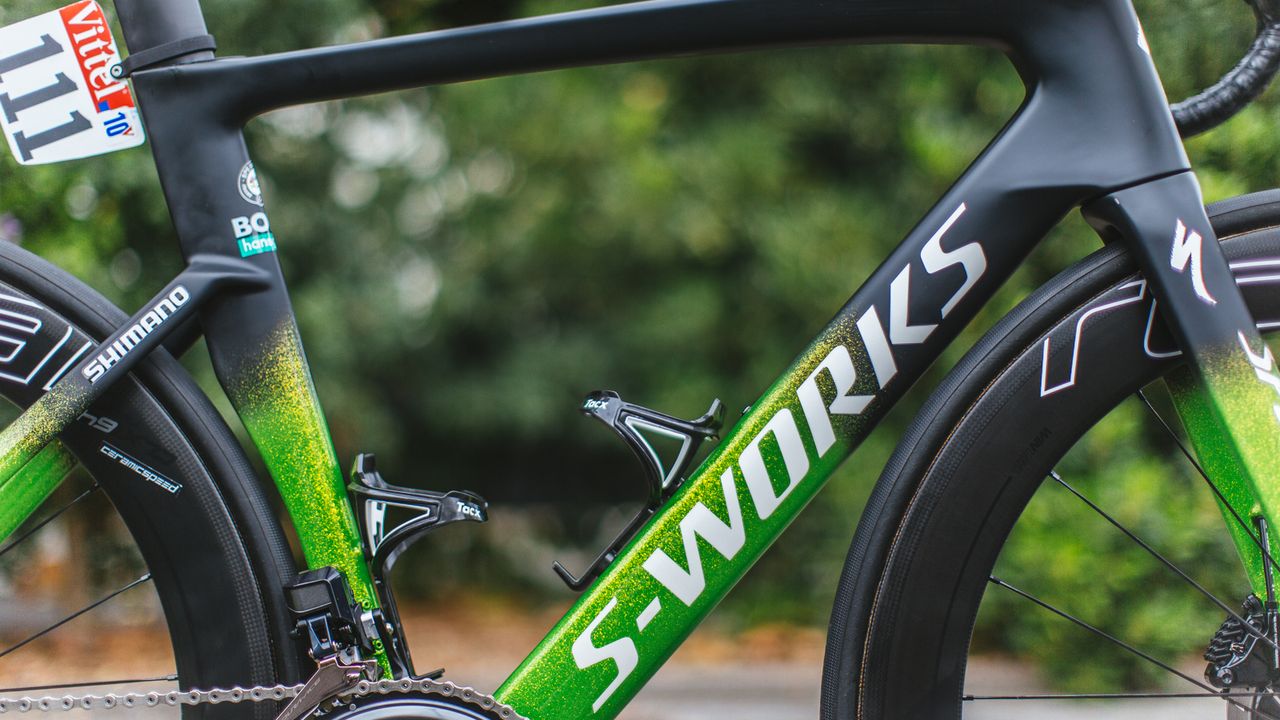 The glitter design fades to a raw carbon finish on the top half of the frame and overlaid with contrasting white Specialized decals