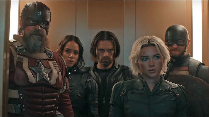 Red Guardian, Ghost, Bucky Barnes, Yelena Belova, and US agent stand in an elevator in Marvel&#039;s Thunderbolts film