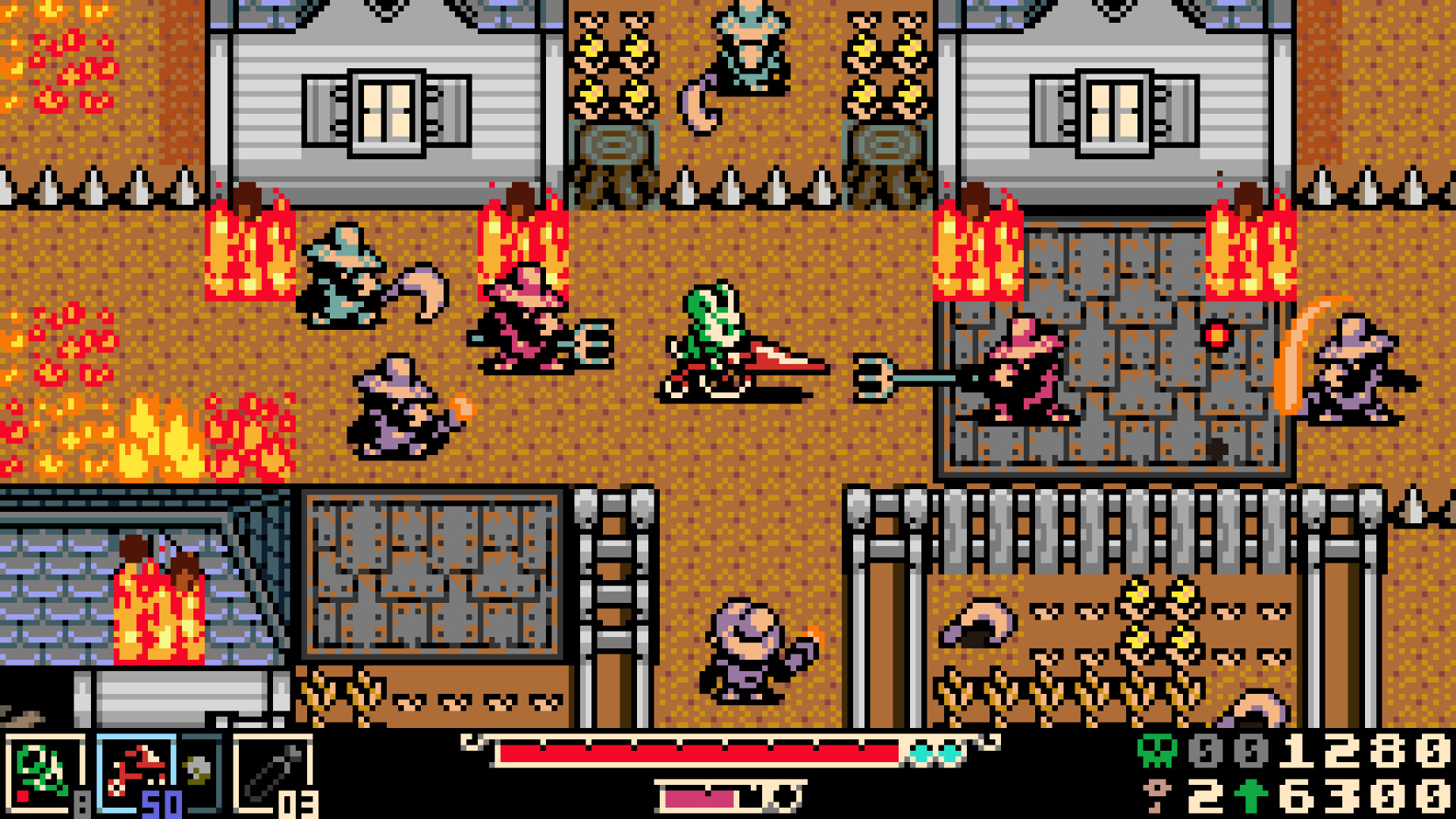 A green colored mouse-like humanoid armed with a spear is charging at a gang of evil villains that look like plague doctors to stop them from burning a village to the ground.