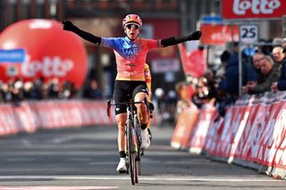 DOUR BELGIUM FEBRUARY 28 Marta Bastianelli of Italy and UAE Team ADQ celebrates at finish line as race winner during the 12th Le Samyn Des Dames 2023 Womens Elite a 994km one day race from Quaregnon to Dour on February 28 2023 in Dour Belgium Photo by David StockmanGetty Images