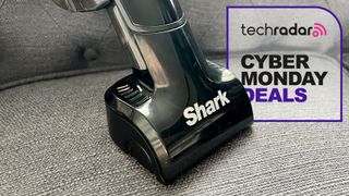 Shark vacuum with Cyber Monday deals logo overlaid