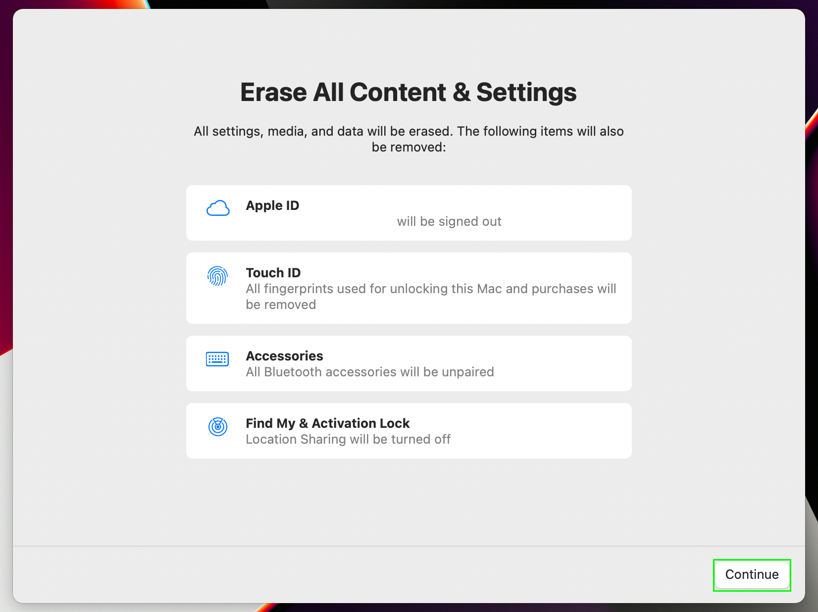 macOS Erase All Content & Settings window