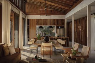 A living room in all wood, in a modern rustic style