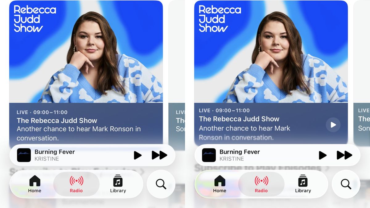 A comparison between the Liquid Glass design in iOS 26 beta 2 and iOS 26 beta 3.