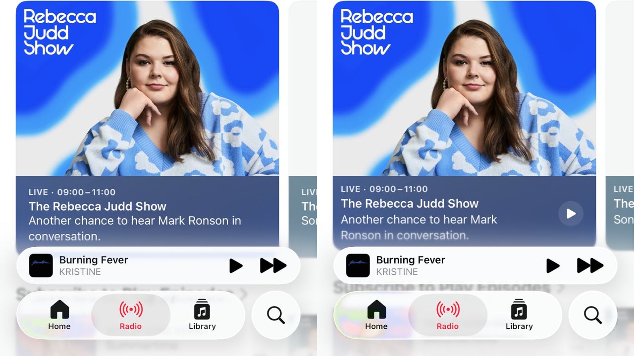 A comparison between the Liquid Glass design in iOS 26 beta 2 and iOS 26 beta 3.