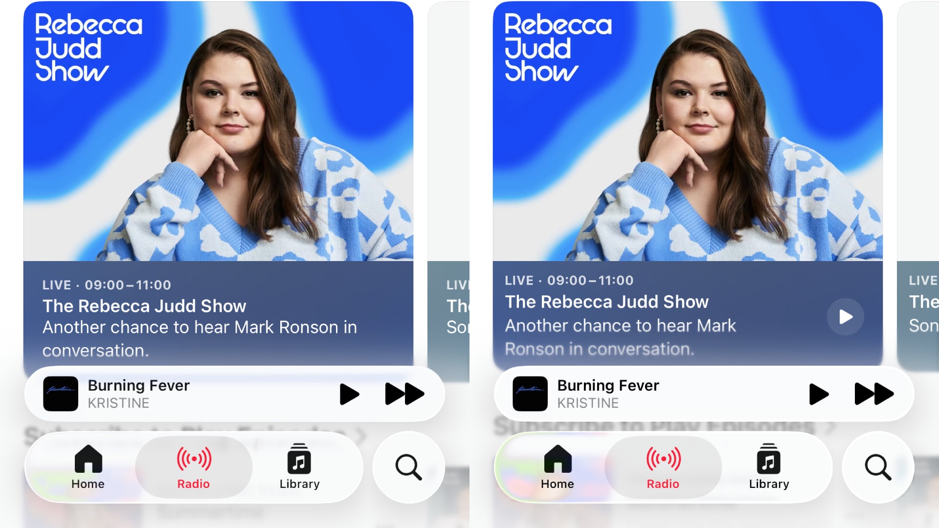 A comparison between the Liquid Glass design in iOS 26 beta 2 and iOS 26 beta 3.