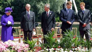 Queen Elizabeth II With Prince Philip, Prince Charles, Prince William And Prince Harry At The Opening Of A Fountain Built In Memory Of Diana, Princess Of Wales, In London's Hyde Park