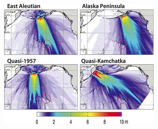 A series of simulations show how earthquakes ranging from a 9.0 to 9.6 magnitude in the Aleutian Islands could affect the Hawaiian Islands. The red circle encompasses the island of Kauai and the Big Island.