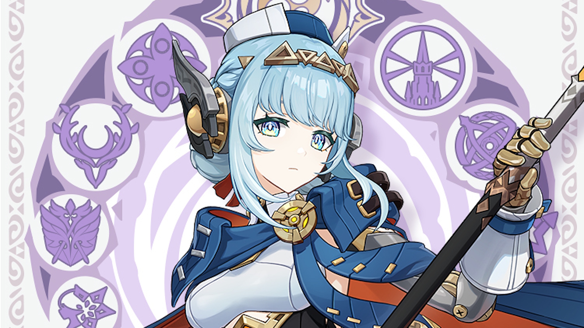 Genshin Impact Banner Ineffa - a robot woman holding a polearm on a purple and cream background