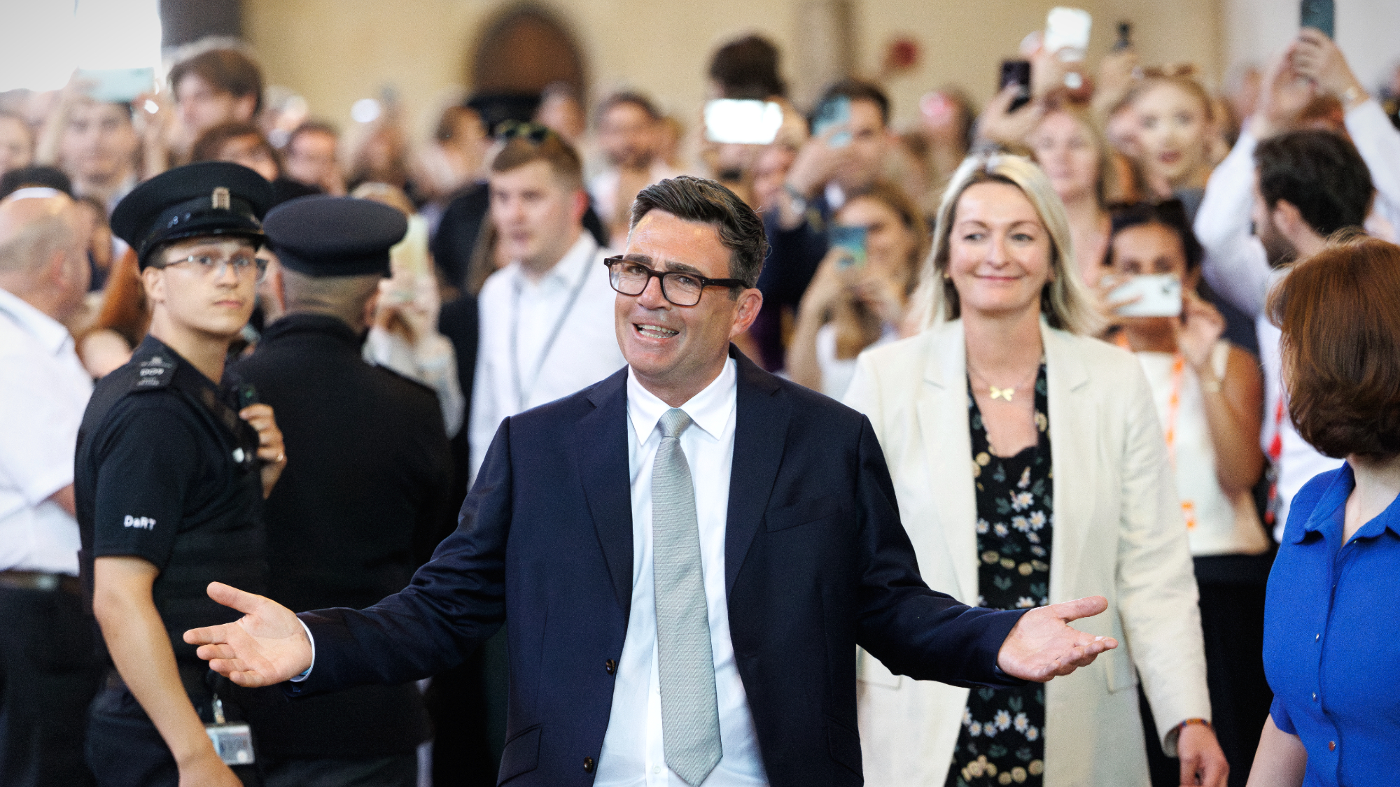 Andy Burnham, British Labour MP for Makerfield, celebrates after his swearing-in at the Houses of Parliament