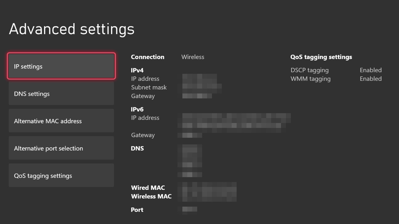 Xbox network settings menu