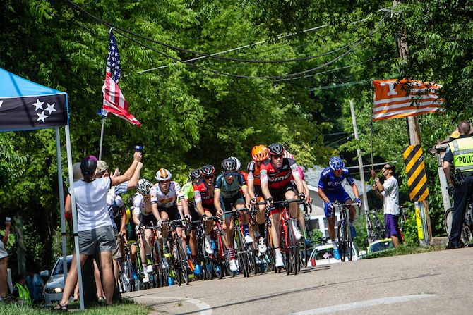 The peloton makes the turn towards today's steep climb at the US Pro Road Race National Championships on June 24, 2018 in Knoxville, Tennessee
