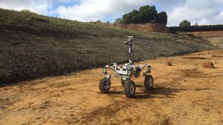 The Mars Sample Fetch rover developed by European space giant Airbus during tests in a quarry near London.