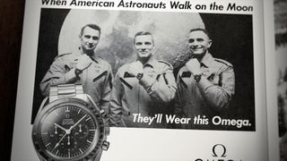 A fictional advertisement from "Fly Me to the Moon" for the real-life Omega Speedmaster that was worn on the moon.