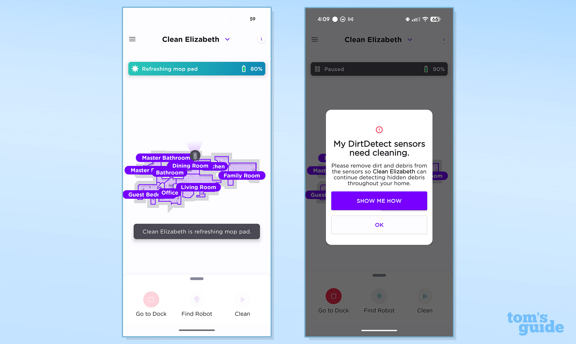 Screenshots of the Shark UV Reveal PowerDetect Robot Vacuum app