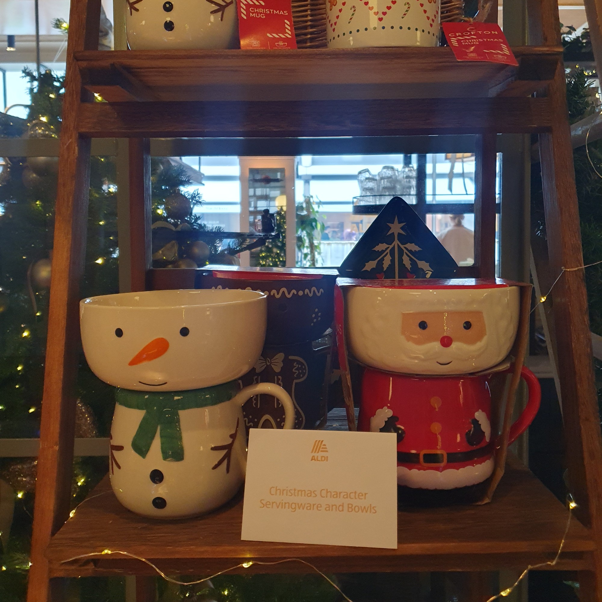 Aldi's Christmas character mug and bowl sets displayed at the retailer's Christmas press preview for 2026