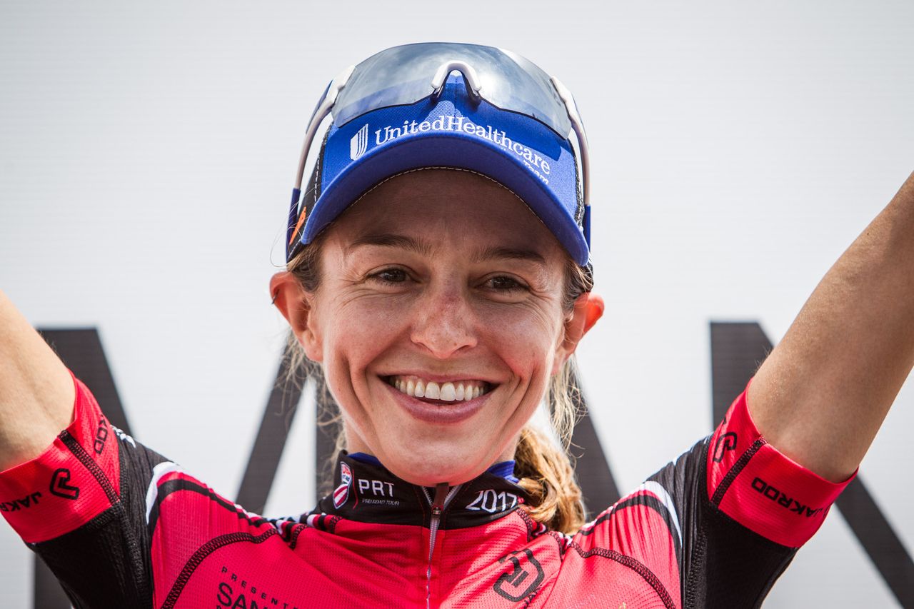 Katie Hall (UnitedHealthcare) holds onto the climbers jersey for another day