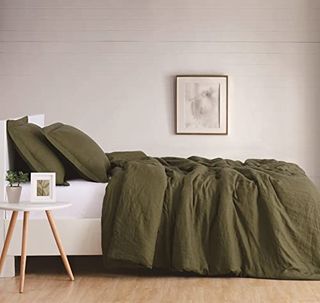 Brooklyn Loom Flax Linen Olive Green Full/queen 3-Piece Duvet Set