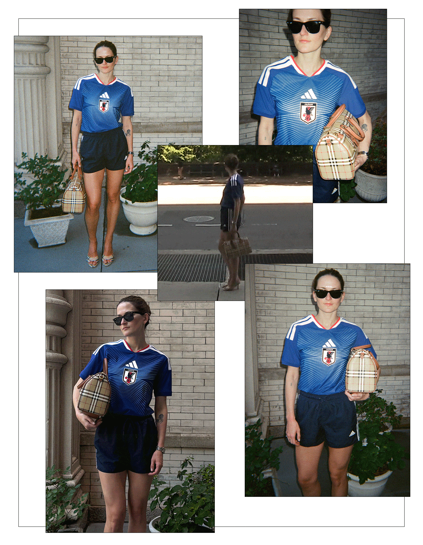 A collage of photos and videos of Eliza Huber styling the 2026 World Cup Adidas jersey for Japan. She's wearing a jersey with gym shorts and a Burberry bag and shoes.