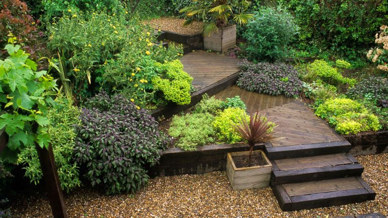 garden steps and edging made from railroad ties