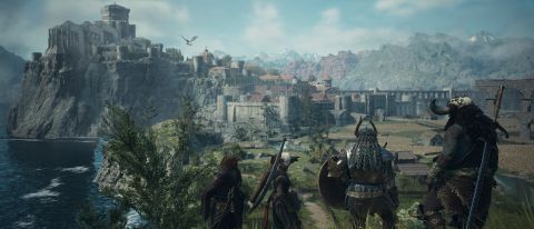 Dragon's Dogma 2 party looks over at the city of Vernworth