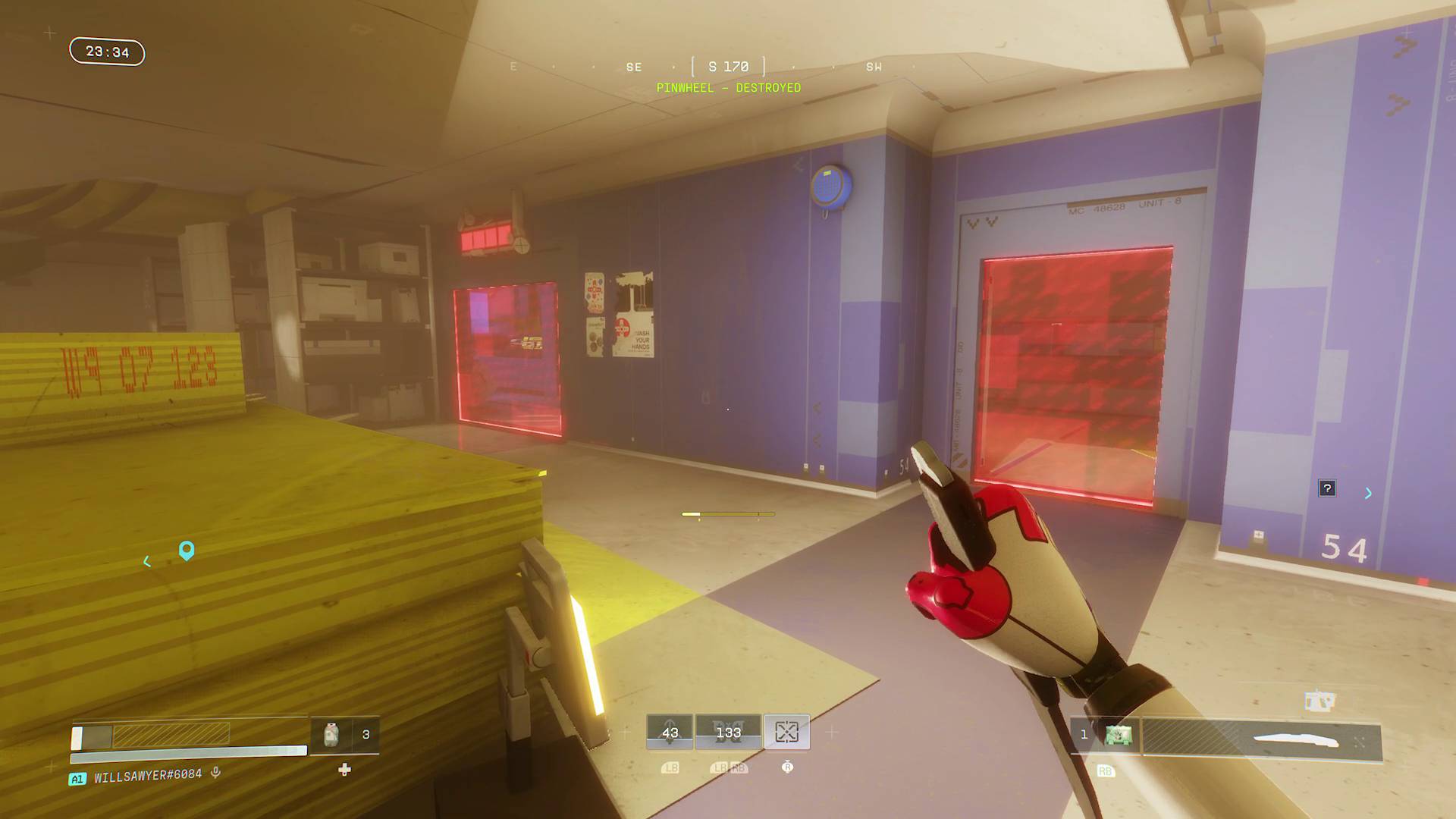 Marathon outpost pinwheel base red laser barriers blocking path into destroyed wing